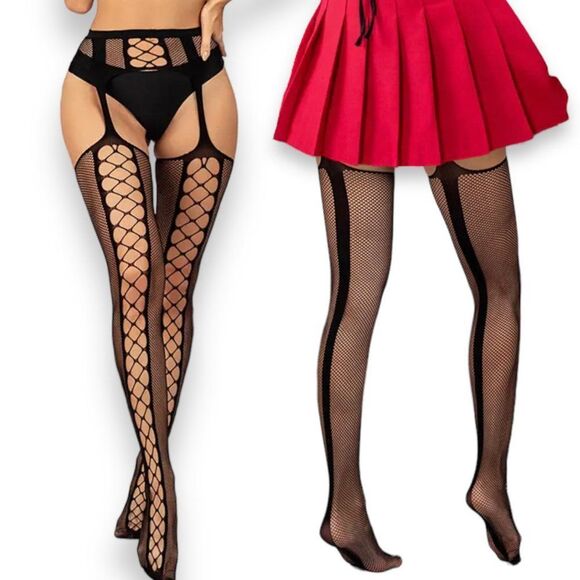 Black Fishnets Pinstripe Backside Thigh High Cut Out Stockings Tights NEW - Picture 1 of 3